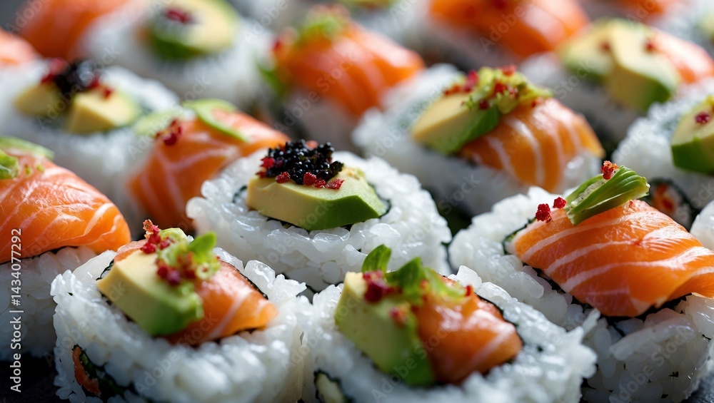 Sushi rolls artfully crafted with salmon and avocado Sushi rolls artfully crafted with salmon and avocado