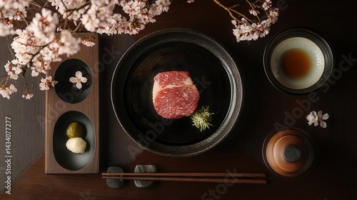 Traditional Japanese setting with wagyu steak and sakura elements
