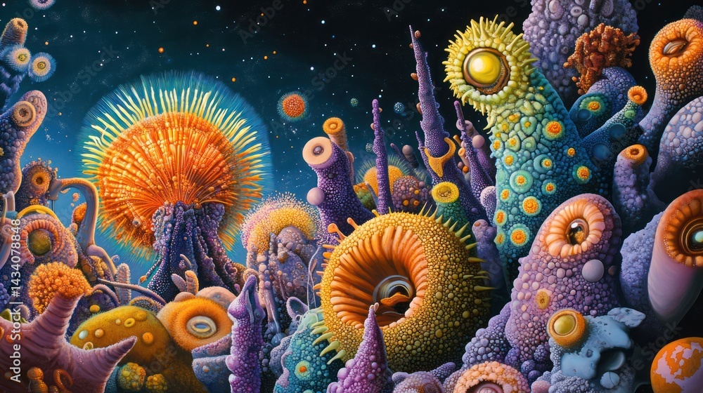 Obraz premium Colorful alien flora filling a vibrant cosmic landscape.