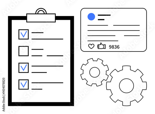 Clipboard with checklist, social media card with thumbs ups, and gears symbolizing organization, workflow, feedback, productivity, collaboration, social media marketing, simple landing page