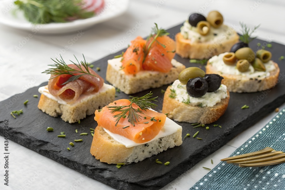 Assorted canapés with smoked salmon and olives Assorted canapés with smoked salmon and olives