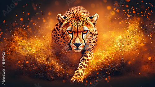 Powerful cheetah in a dramatic fiery explosion.