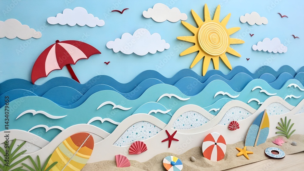 Naklejka premium Paper cut summer beach scene