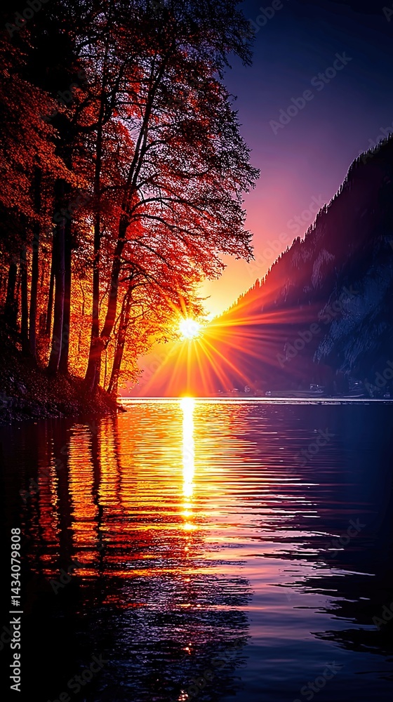 Stunning Autumn Sunset Reflection Over Tranquil Lake Surrounded by Forest Trees Majestic Mountain Landscape Scenic Nature Photography Peaceful Scenic Outdoor Beauty
