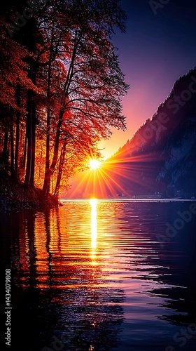 Obraz na płótnie Stunning Autumn Sunset Reflection Over Tranquil Lake Surrounded by Forest Trees Majestic Mountain Landscape Scenic Nature Photography Peaceful Scenic Outdoor Beauty w salonie