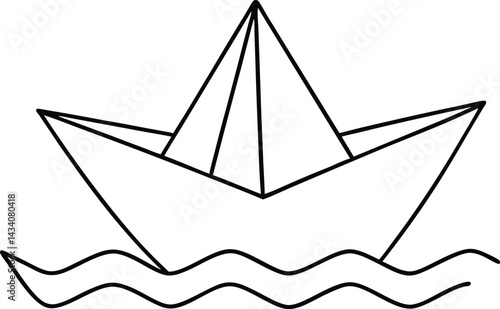 Paper boat outlined on white background floating on outlined ocean waves icon