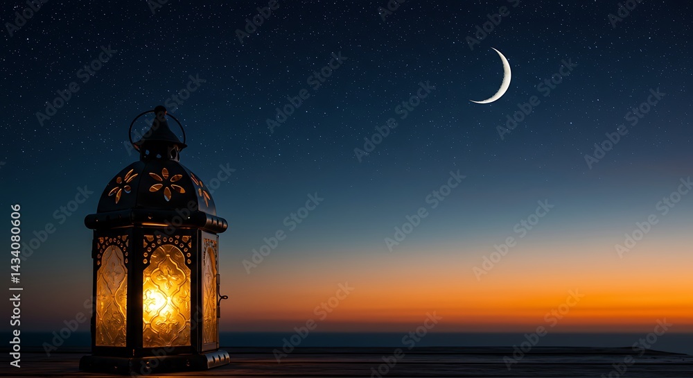Illuminated lantern under a crescent moon with a starry sky at twilight in a serene setting Illuminated lantern under a crescent moon with a starry sky at twilight in a serene setting