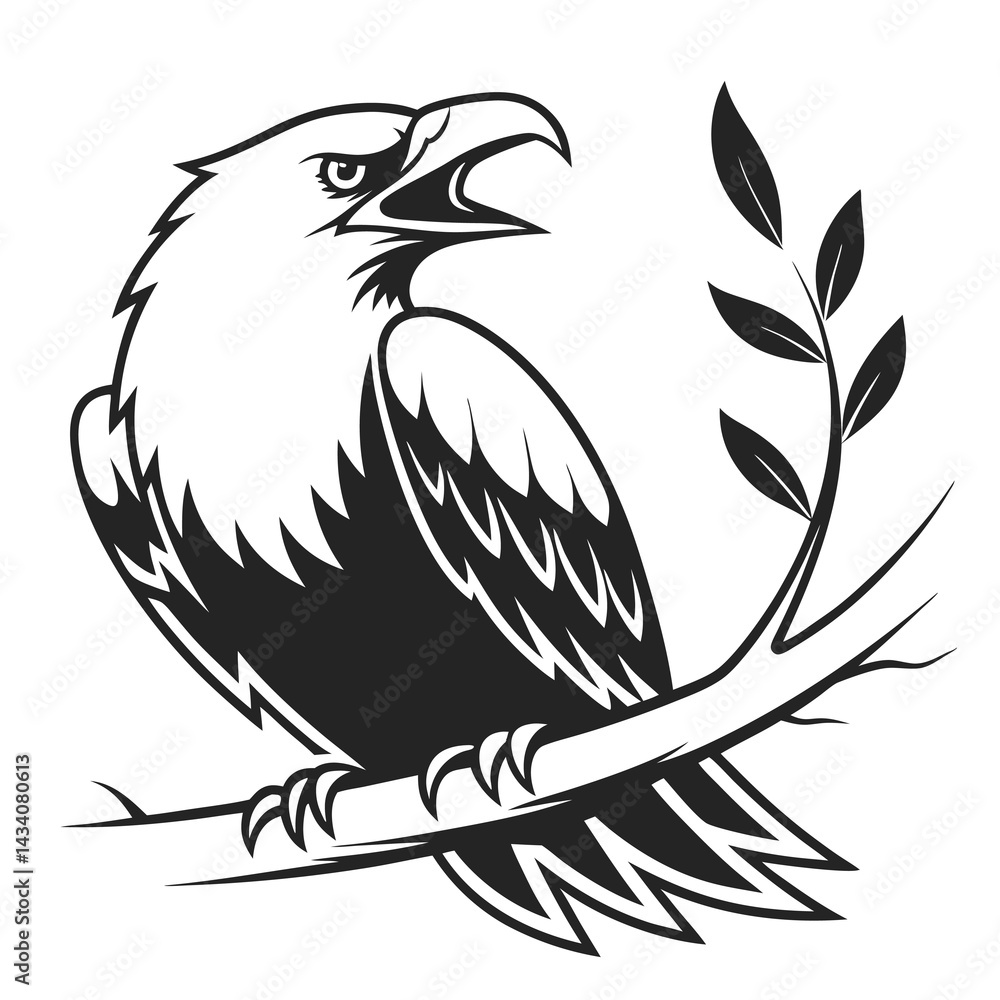 A black silhouette vector illustration depicts a wild eagle, a bird of prey with a crown-like feather, its powerful wings spread in flight, a symbol of freedom and a striking animal design. A black silhouette vector illustration depicts a wild eagle, a bird of prey with a crown-like feather, its powerful wings spread in flight, a symbol of freedom and a striking animal design.