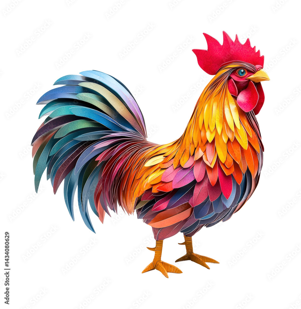 Fototapeta premium Vibrant rooster sculpture decorative bright colors isolated on transparent background