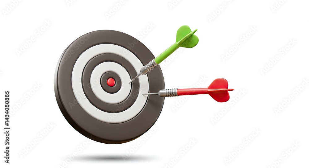 Close-up of a dartboard with two darts one green and one red on a white background Close-up of a dartboard with two darts one green and one red on a white background
