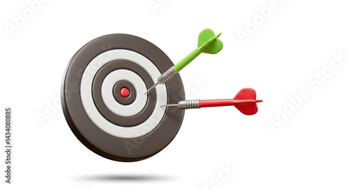 Close-up of a dartboard with two darts one green and one red on a white background