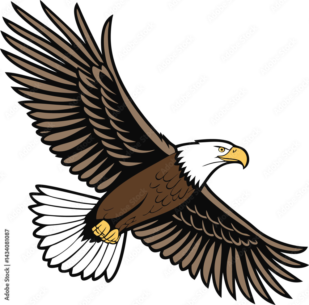 Obraz premium Bald eagle in flight with majestic wingspan and detailed feathers in realistic vector art style