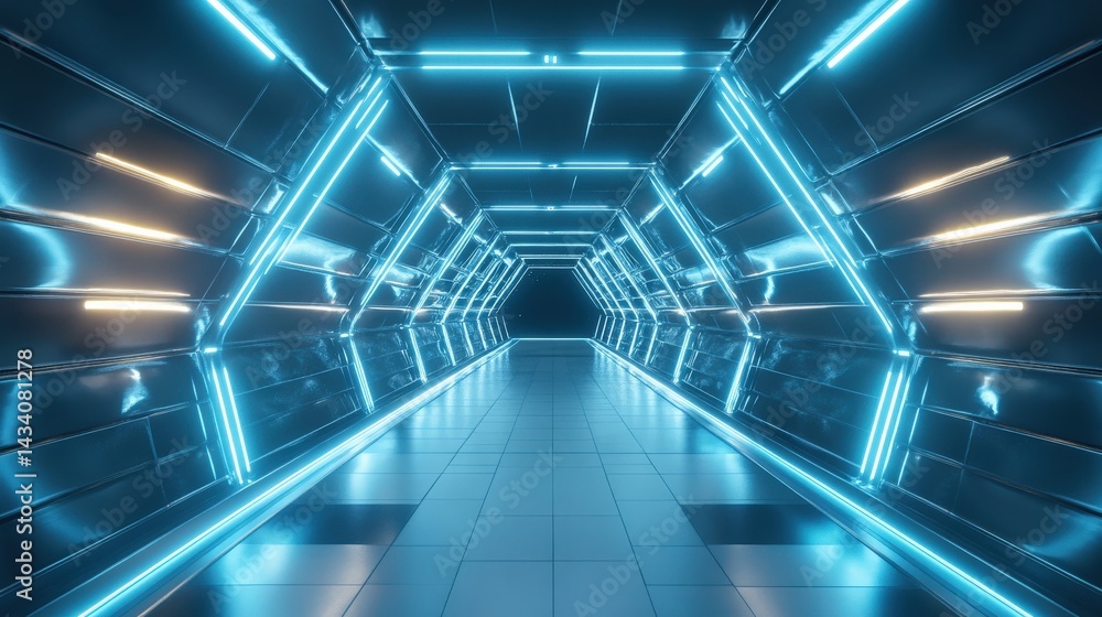 Futuristic Neon Corridor with Reflective Surfaces Futuristic Neon Corridor with Reflective Surfaces