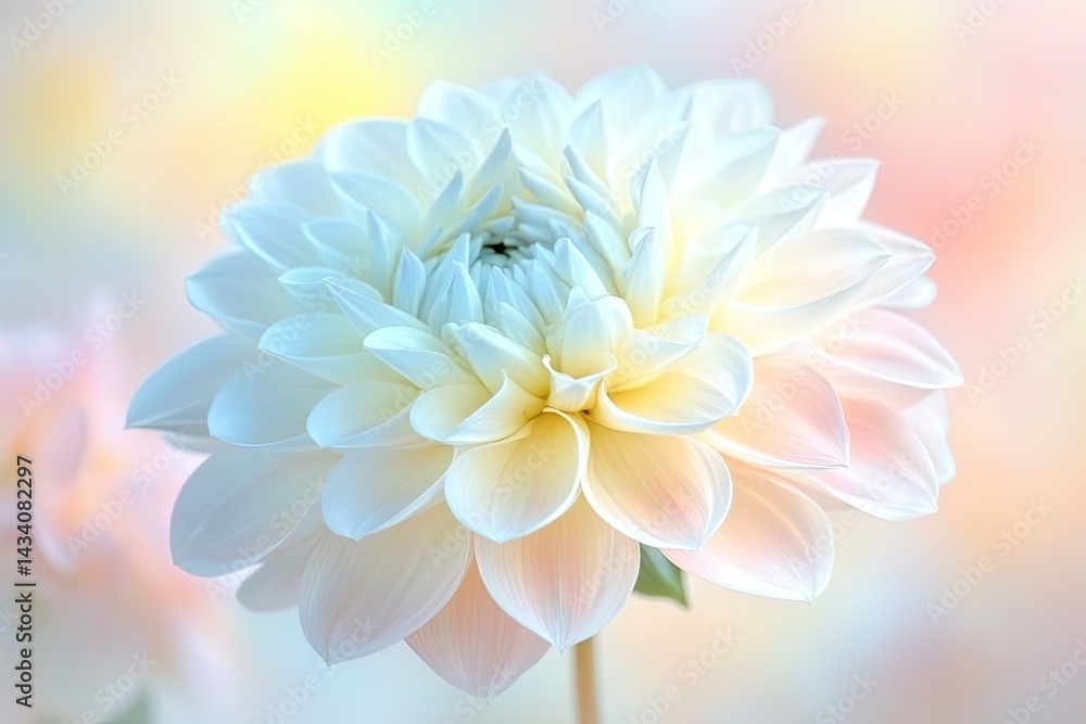 Fototapeta premium Closeup White Dahlia Flower Blossoming, Petals, Soft, Pastel Colors, Elegant