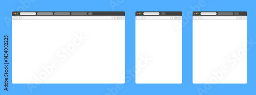 Transparent browser window on blue and violet background. Window internet browser with toolbar and search bar. Blank screen website mockup. Template design for ui, ux, app. Vector illustration