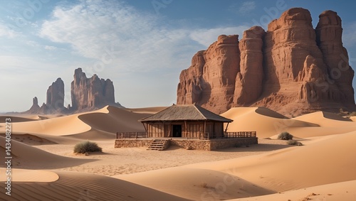 Tranquil oasis amidst majestic desert dunes