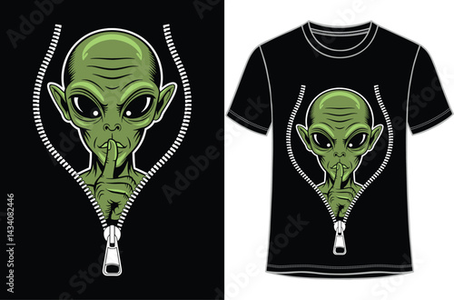 Alien T-Shirt Design with Zipper Detail
Shhh Alien Graphic Tee Concept
Extraterrestrial Silence T-Shirt Illustration
Unzipped Alien Head T-Shirt Mockup
Cool Alien Peeking Out of Zipper T-Shirt