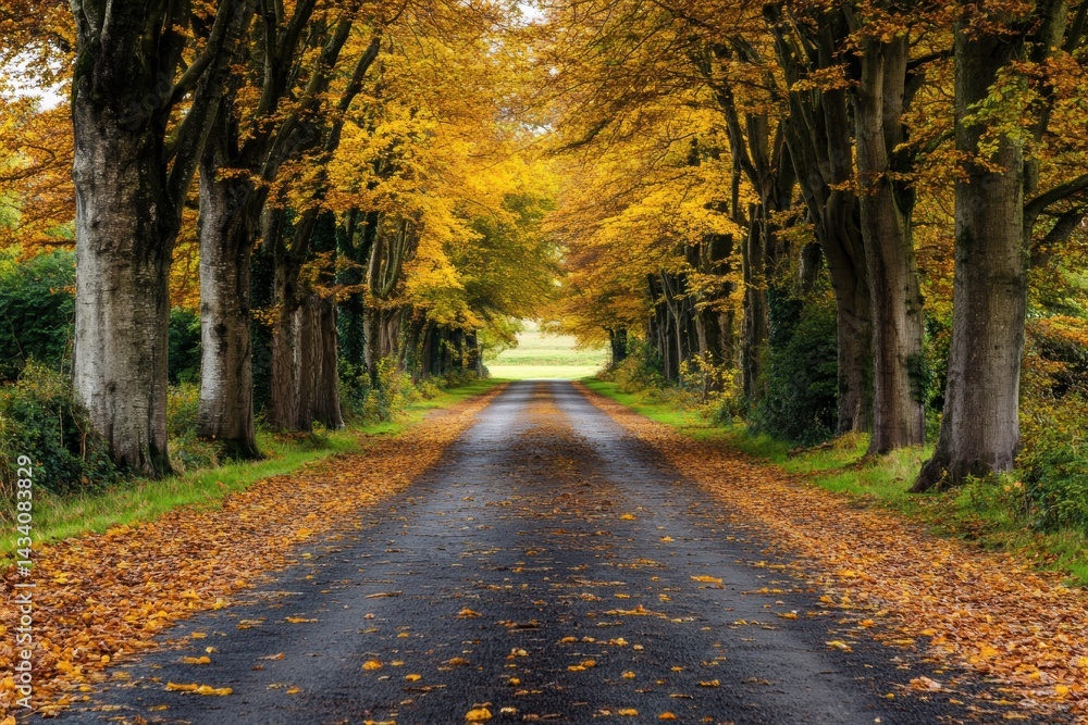 Fototapeta premium Empty road through autumn forest with orange leaves