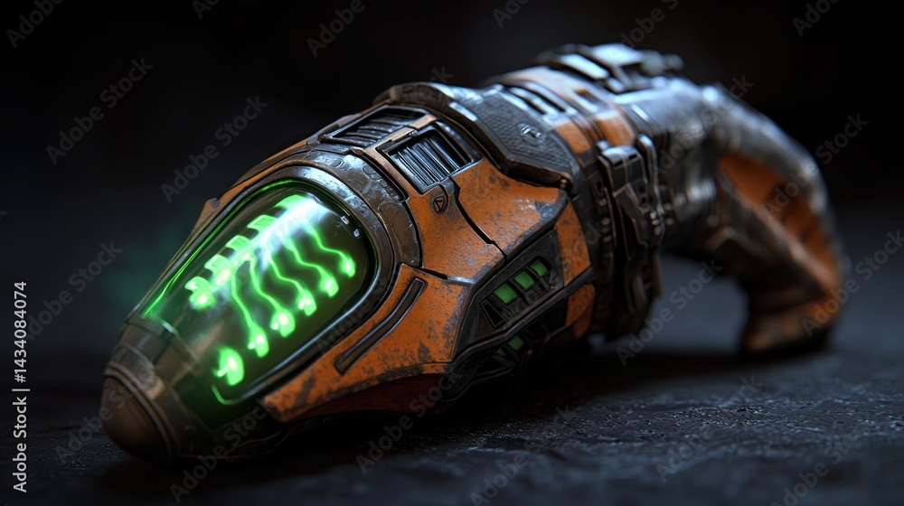 Futuristic sci-fi weapon with glowing elements resting on a textured surface, showcasing intricate details Futuristic sci-fi weapon with glowing elements resting on a textured surface, showcasing intricate details
