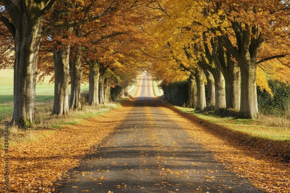 Naklejka premium Peaceful autumn alley with yellow foliage