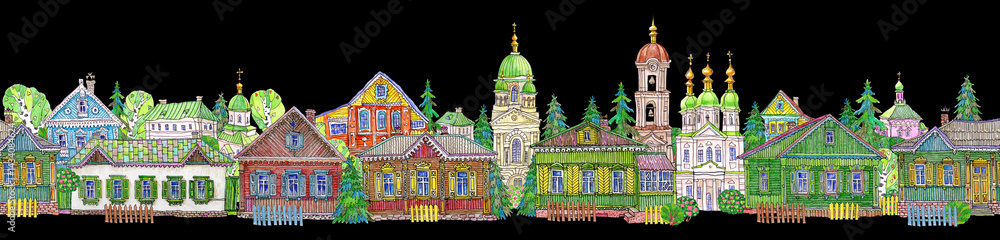 Fototapeta premium Seamless border pattern of fairy tale wooden houses street, churches, trees. Hand drawn pencils sketch on a black background