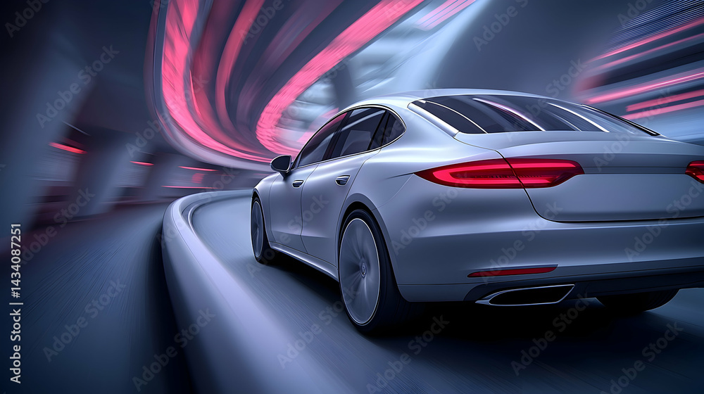 Sleek Silver Car Speeding Through Neon Lit Tunnel Sleek Silver Car Speeding Through Neon Lit Tunnel