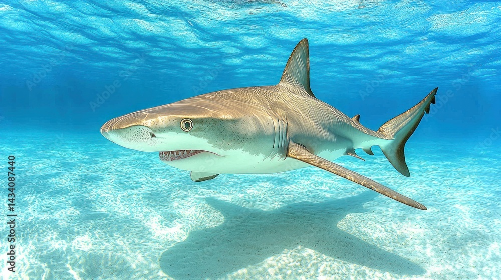 Fototapeta premium Underwater shot of a shark. A light-tan shark with a wide mouth is swimming in clear, light-blue water over a sandy bottom. Its fins are extended and it appears alert