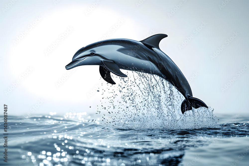 Obraz premium Glossy dolphin jumping out of the ocean water with splash effect on a clear background