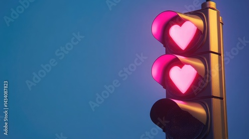 Pink traffic light with glowing red heart symbol against a clear blue sky in 3D rendering