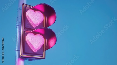 Pink traffic light with glowing heart signals on blue background symbolizing love and Valentine's Day celebration in 3D rendering