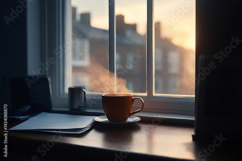 Cozy home office setup with steaming coffee cup on a window sill at sunrise, documents and tablet ready for starting the day