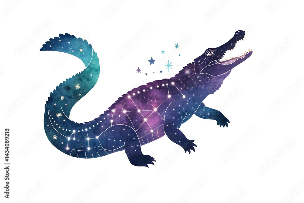 Obraz premium A celestial crocodile a cosmic wonder its scales shimmering with constellations a night sky creature in vibrant purples and blues against a pristine white background Watercolor art