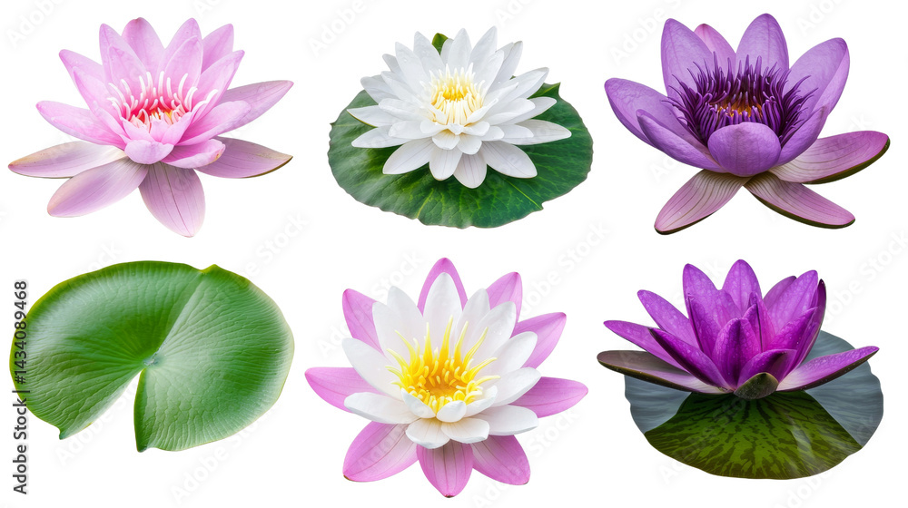 Obraz premium Collection of Colorful Lotus Flowers in Various Shades Floating on Green Leaves