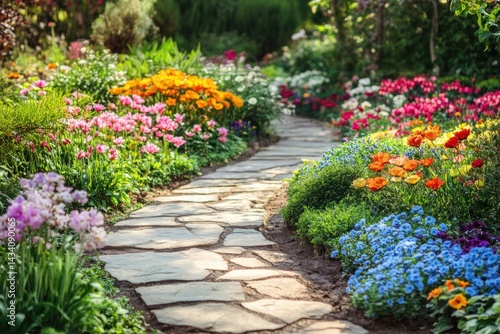 Colorful flower garden path with stone walkway