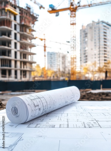 Construction blueprints rolled out on a building site