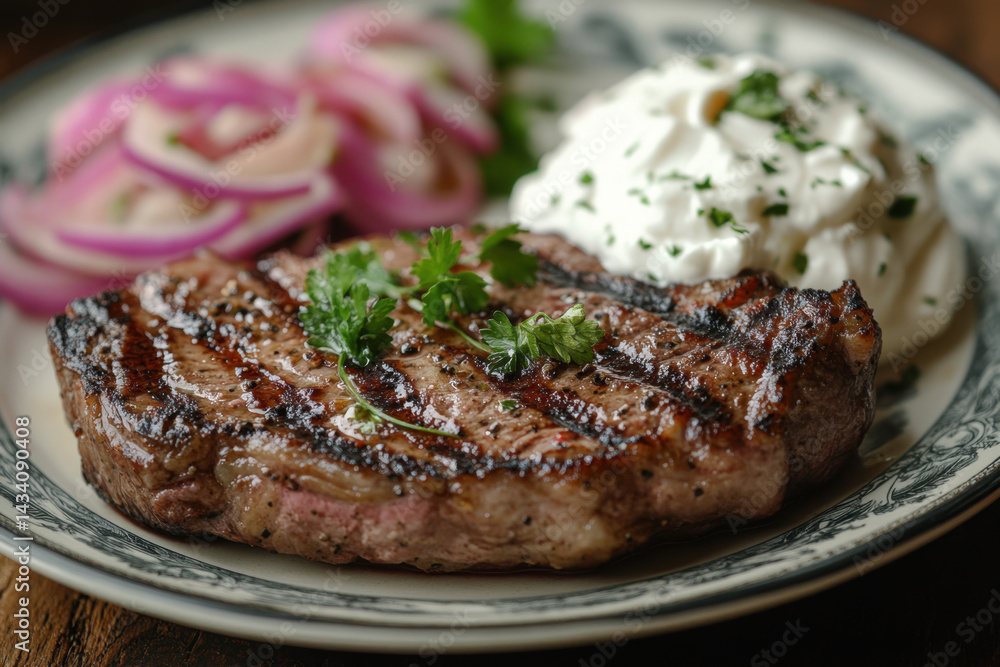 Plate with steak and vegetables, drizzled with sauce, on a wooden table surrounded by cutlery and a glass of red wine. Plate with steak and vegetables, drizzled with sauce, on a wooden table surrounded by cutlery and a glass of red wine.