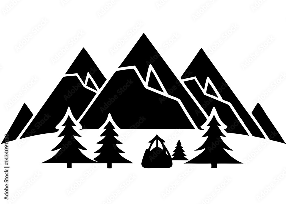 Obraz premium Creative Black Silhouette of Mountains and Fir Trees | Camping Adventure Wildlife Landscape Icon Vector Illustration