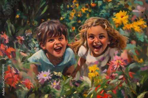 Two cheerful children laughing and having fun while playing hide and seek in a colorful flower garden, enjoying a sunny day outdoors