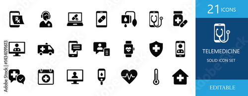 A professional Telemedicine Solid Icon Set featuring healthcare consultation, online medical service, remote diagnosis, and e-health devices. Perfect for apps, websites, and healthcare projects