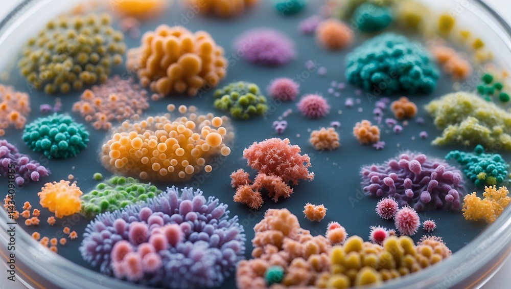 Fototapeta premium Vibrant colonies of bacteria in petri dish close-up
