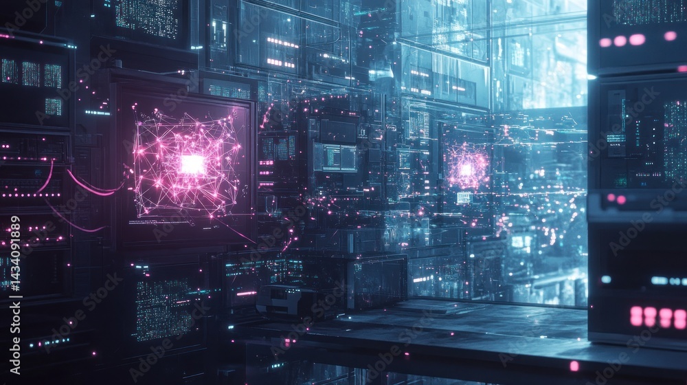 Futuristic server room with glowing network data. Futuristic server room with glowing network data.