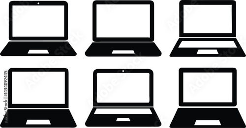 Simple laptop icons, minimalist computer designs, black and white silhouettes, technology symbols, six identical laptop shapes, grid layout, symmetrical arrangement, digital device pictograms