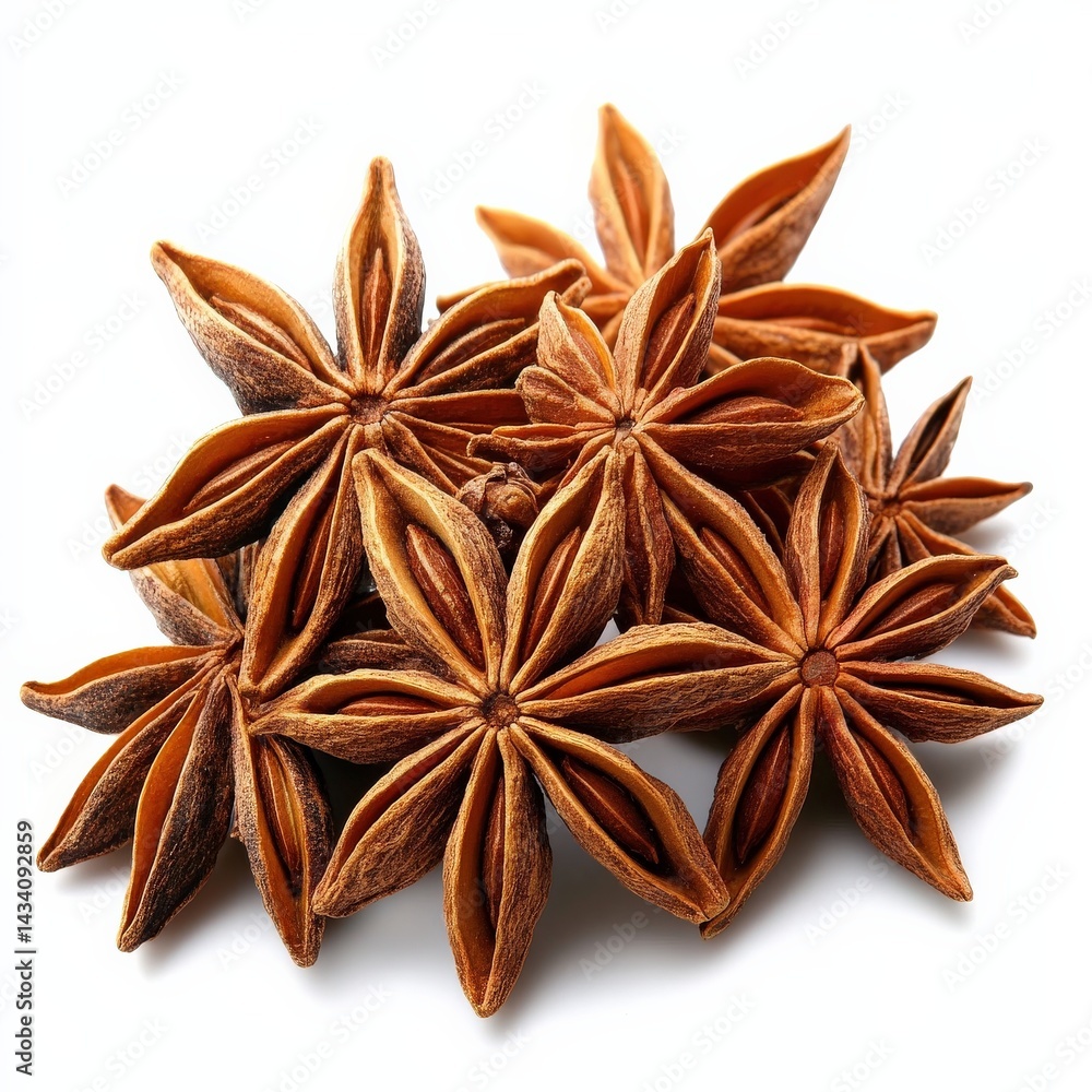 Dried and fresh star anise pods, isolated on white background, used in spiced herbal liquors Dried and fresh star anise pods, isolated on white background, used in spiced herbal liquors