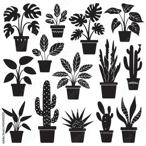 Houseplants. set of Vector Black silhouettes home plants, succulents in pot. Indoor exotic flowers with stems and leaves. Monstera, ficus, pothos, yucca, dracaena, cacti, 
