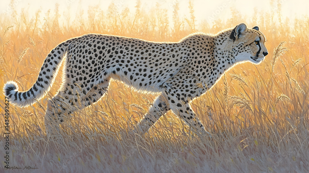 Obraz premium A majestic cheetah gracefully strides through tall golden grasses.