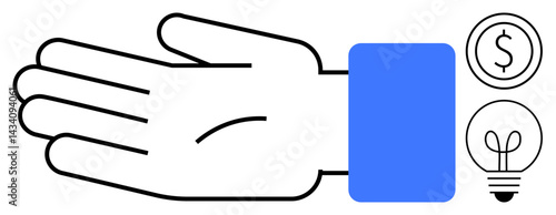 Outstretched hand next to a dollar sign and light bulb icons symbolizing support, innovation, and generosity. Ideal for charity, finance, investment, ideas, collaboration, wealth sharing