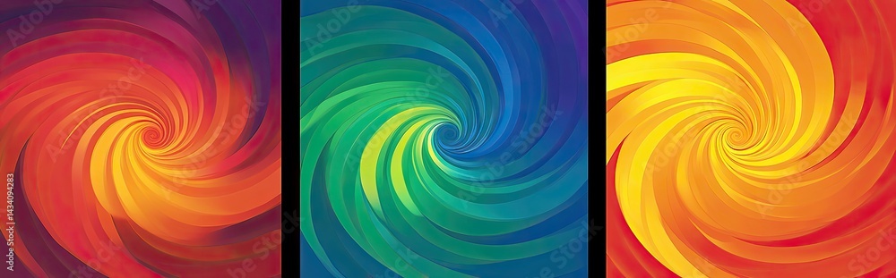Fototapeta premium Vivid Swirling Vortex, Circular Gradients in Three Panels of Orange, Green, and Red