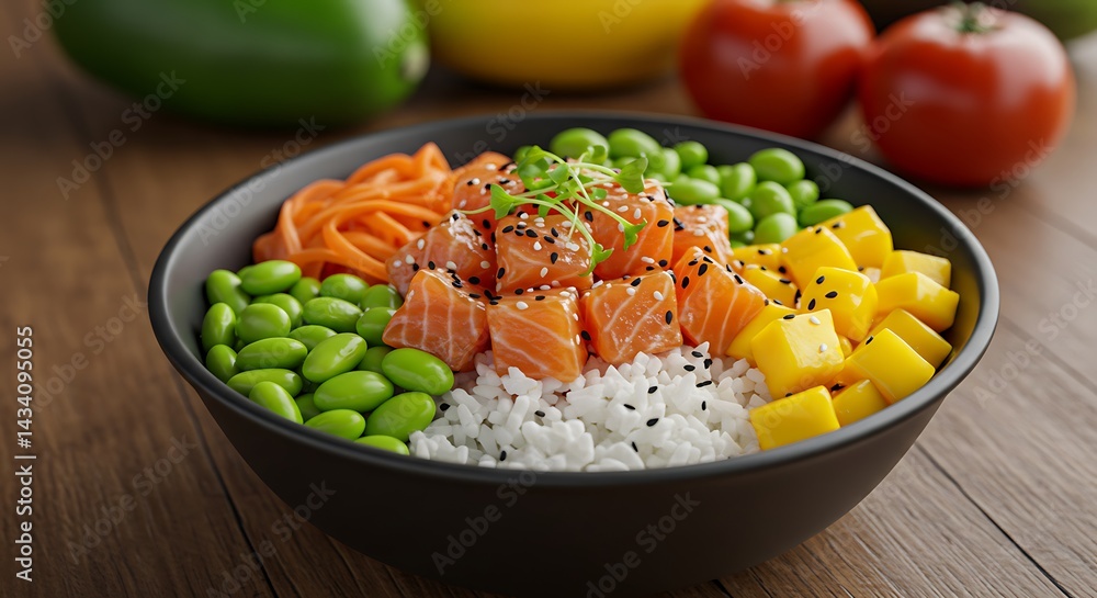 Close up of a poke bowl with salmon mango edamame carrots rice and black sesame seeds in a black bowl Close up of a poke bowl with salmon mango edamame carrots rice and black sesame seeds in a black bowl