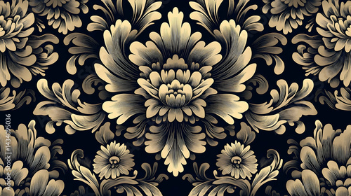 Intricate, repeating floral pattern design in gold and dark tones.