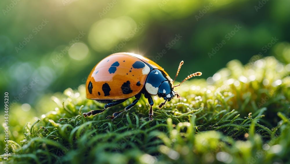 Vibrant ladybug crawling on sunlit green moss Vibrant ladybug crawling on sunlit green moss